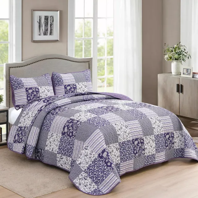 Purple Quilt Set Queen Size,3 Pieces Boho Floral Plaid Bedspread Coverlet Set for All Season,Patchwork Reversible Bedding Set