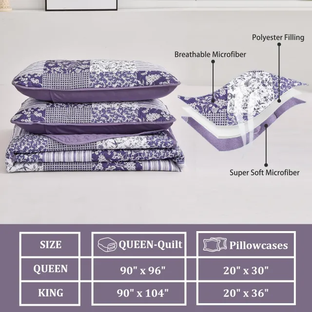 Purple Quilt Set Queen Size,3 Pieces Boho Floral Plaid Bedspread Coverlet Set for All Season,Patchwork Reversible Bedding Set