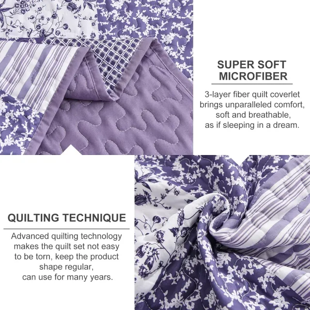 Purple Quilt Set Queen Size,3 Pieces Boho Floral Plaid Bedspread Coverlet Set for All Season,Patchwork Reversible Bedding Set