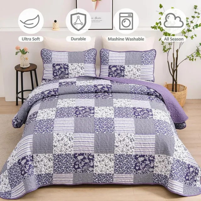 Purple Quilt Set Queen Size,3 Pieces Boho Floral Plaid Bedspread Coverlet Set for All Season,Patchwork Reversible Bedding Set
