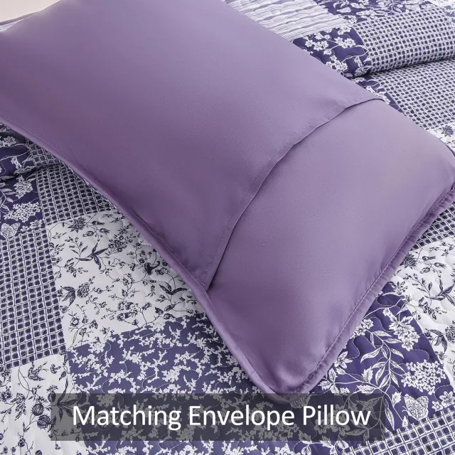 Purple Quilt Set Queen Size,3 Pieces Boho Floral Plaid Bedspread Coverlet Set for All Season,Patchwork Reversible Bedding Set