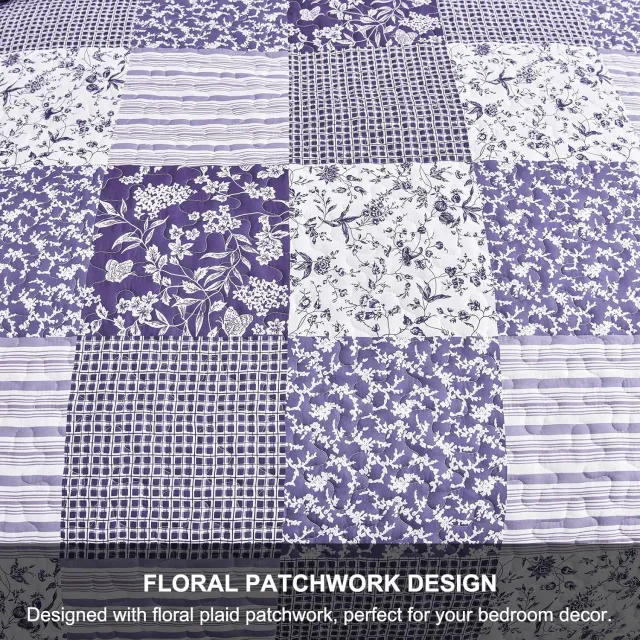 Purple Quilt Set Queen Size,3 Pieces Boho Floral Plaid Bedspread Coverlet Set for All Season,Patchwork Reversible Bedding Set