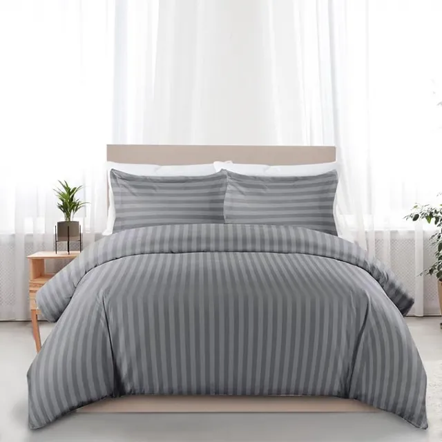 Double Duvet Cover Set Hotel Quality Stripes Satin Bedding Double Bed Set with 2 Pillowcases, Reversible Hypoallergenic Soft Breathable Bed Covers (Grey, Double)