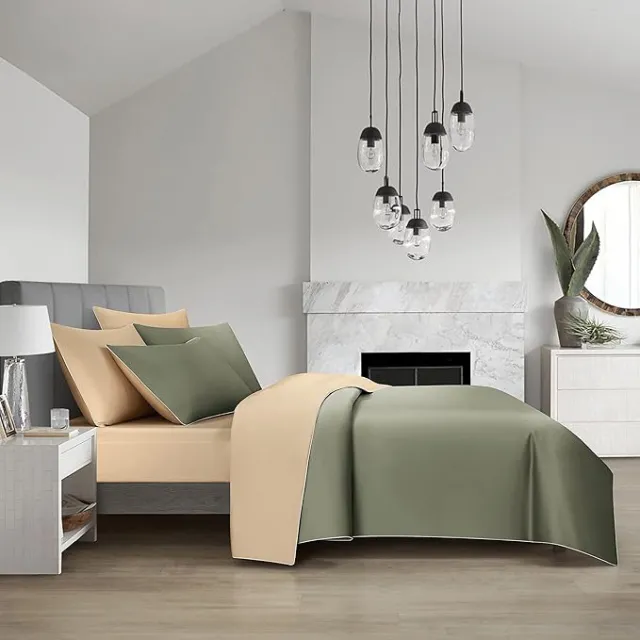 3 Pieces Luxury Reversible Duvet Cover Set 800TC 100% Pima Cotton YKK Hidden Zipper Closure (Modilan Green&Champagne, Queen for 3PCS Duvet Cover Set)