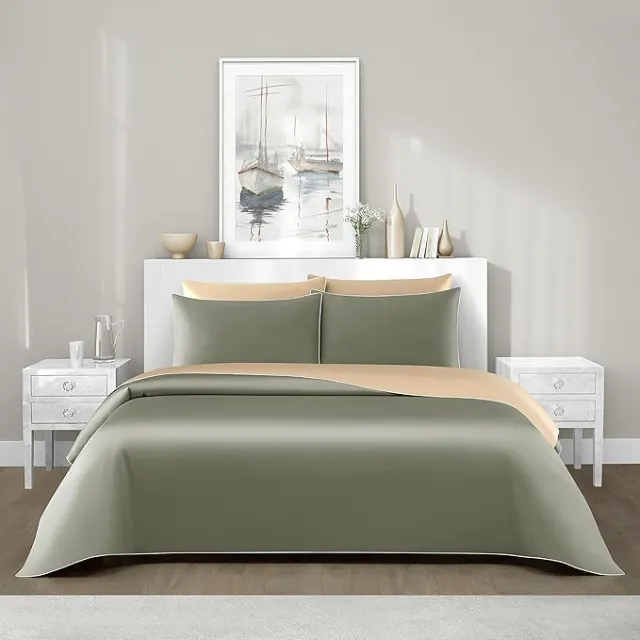 3 Pieces Luxury Reversible Duvet Cover Set 800TC 100% Pima Cotton YKK Hidden Zipper Closure (Modilan Green&Champagne, Queen for 3PCS Duvet Cover Set)