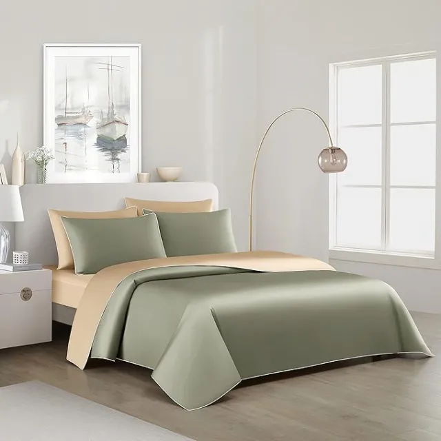 3 Pieces Luxury Reversible Duvet Cover Set 800TC 100% Pima Cotton YKK Hidden Zipper Closure (Modilan Green&Champagne, Queen for 3PCS Duvet Cover Set)